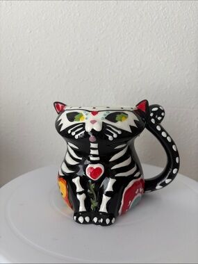 Hand-Painted Black Ceramic Cat Mug with Colorful Day-of-the-Dead Design